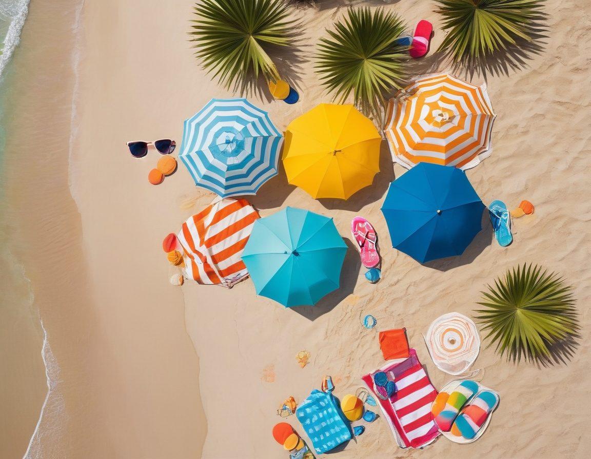 A vibrant beach scene featuring a diverse group of stylish individuals wearing trendy swimwear, basking in the sun with beach umbrellas and colorful towels. Include playful beach accessories like sunglasses, flip-flops, and a variety of swimwear styles on display. The background should showcase turquoise waves and a clear blue sky, evoking a fun and relaxed summer vibe. Whimsical elements like beach balls and palm trees can add to the lively atmosphere. super-realistic. vibrant colors. bright blue background.